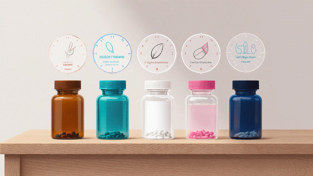 A row of distinct colored pills representing various OCD medications arranged on a surface.