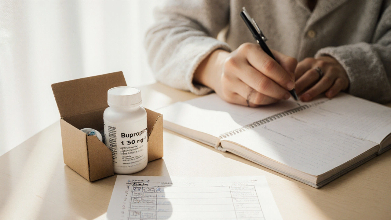 Bedroom scene with medication bottle, diary entry, and morning sunlight indicating safe purchase.