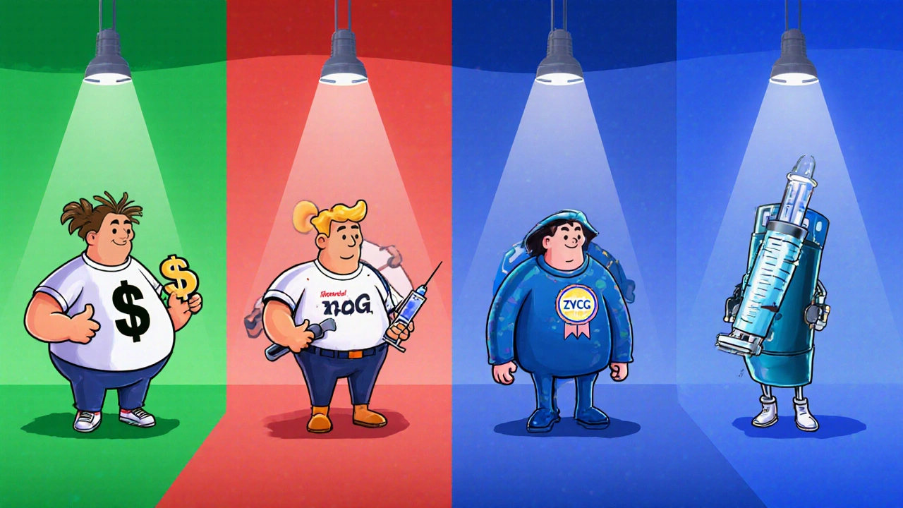 Cartoon characters representing different HCG brands compared side by side.