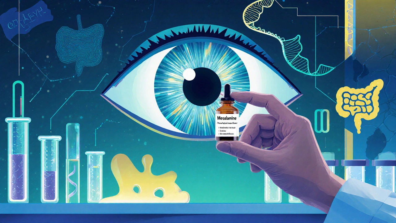 Cartoon researcher presenting a mesalamine eye‑drop bottle in a futuristic lab.