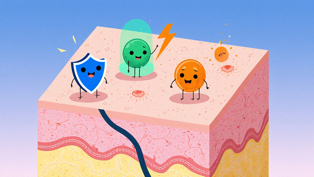 Cartoon skin cross‑section showing three active ingredients fading pigment and soothing inflammation.