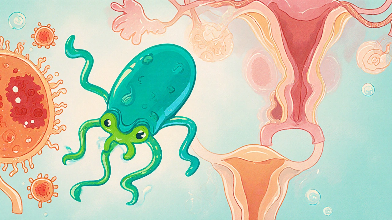 Cartoon view of a flagellated Trichomonas parasite causing cervical inflammation and uterine contractions.