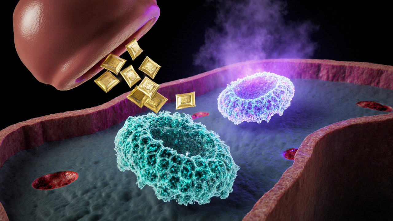 Cellular view of excess gastrin stimulating parietal cells and proton pumps, creating ulcers.