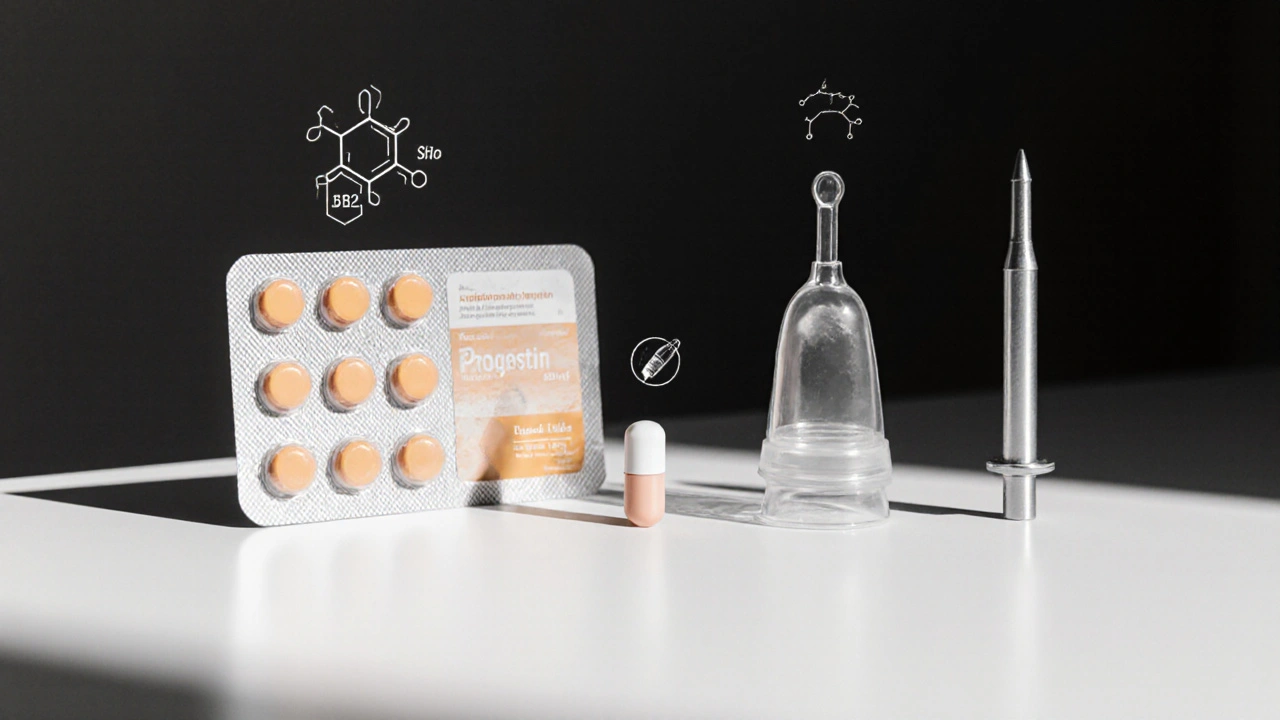 Clinic countertop showing COC pills, mini‑pill, hormonal IUD, and implant, highlighted in amber.