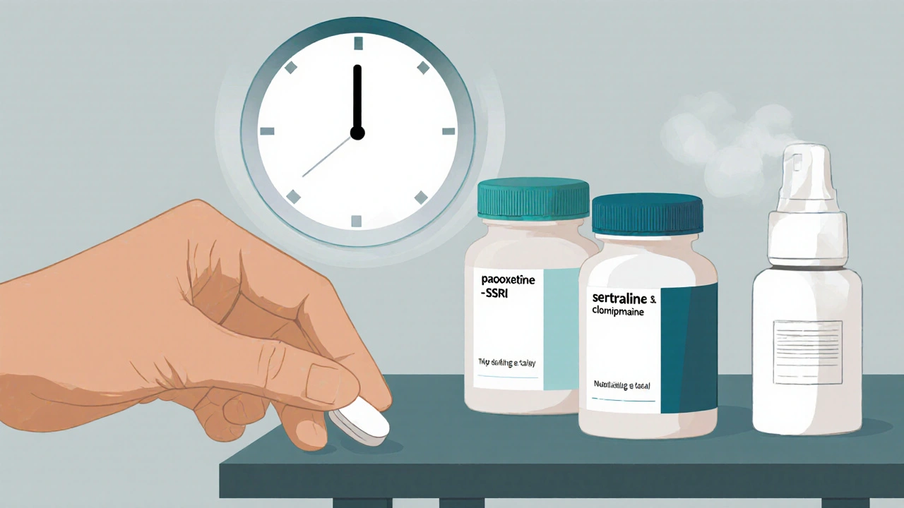 Close‑up of a dapoxetine tablet with a clock overlay, beside daily SSRI bottles and a spray can.