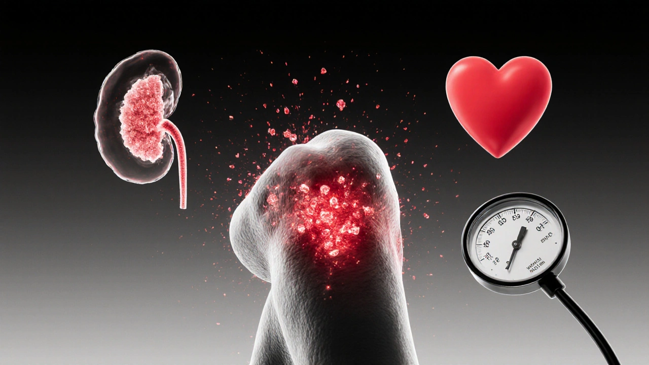Close‑up of gout flare, kidney stone, and heart with scarlet highlights.
