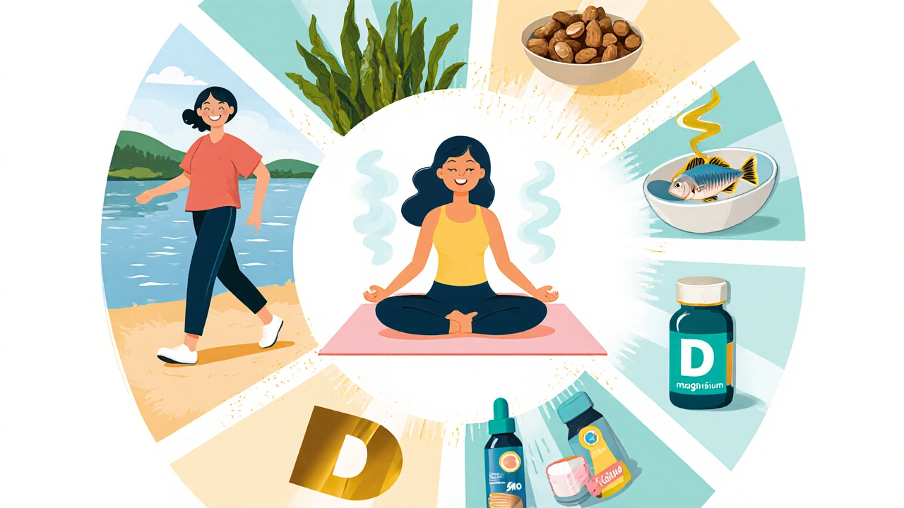 Collage of walking, yoga, nutritious foods and supplements around a happy, active person.