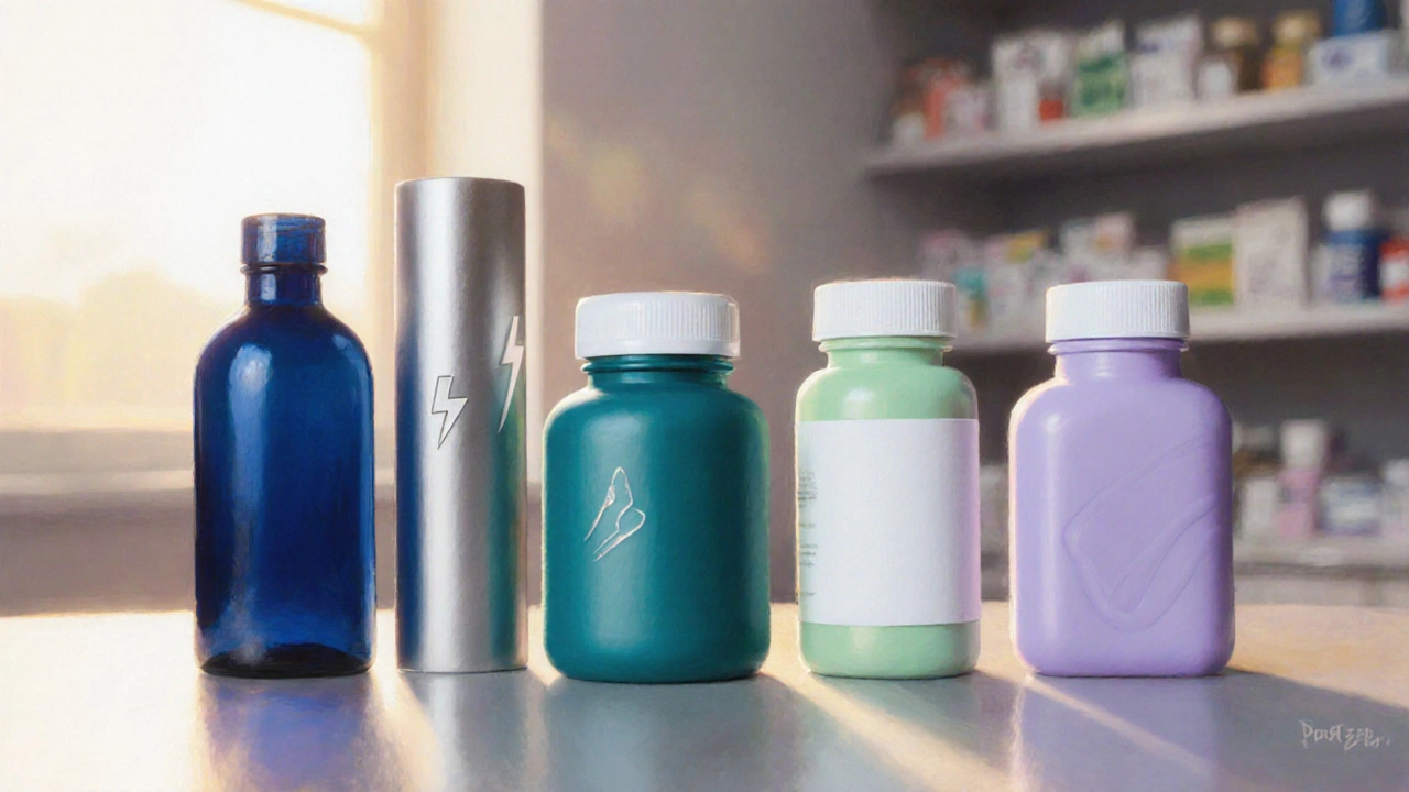 Colorful medication bottles on a pharmacy counter representing Duzela alternatives.