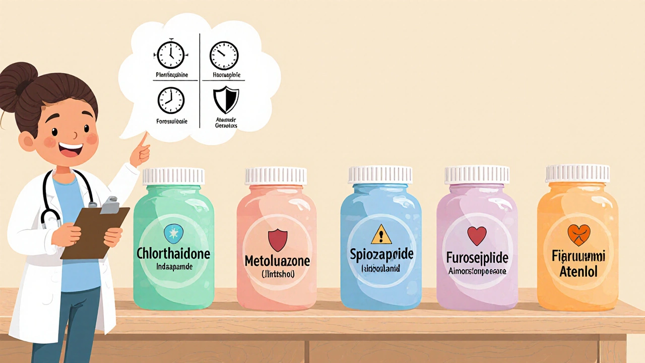 Colorful row of pill bottles labeled with hypertension alternatives and icons.