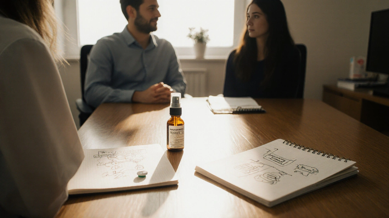 Couple discussing treatment options with a doctor, surrounded by pill bottle, spray, and therapy notes.