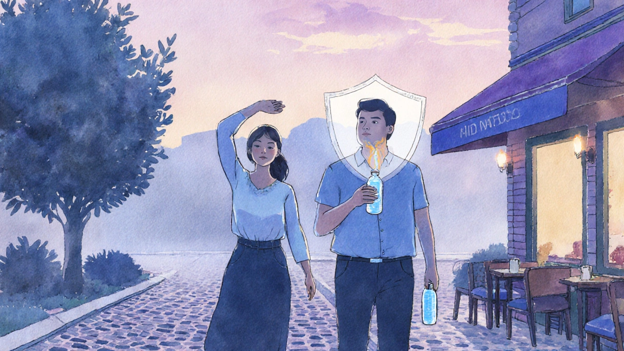 Couple walking upright after dinner, watercolor style, showing post‑meal relief.