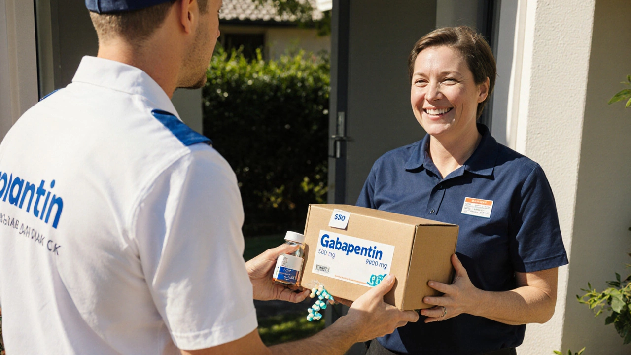Delivery person hands a gabapentin box to a happy customer at an Australian home.