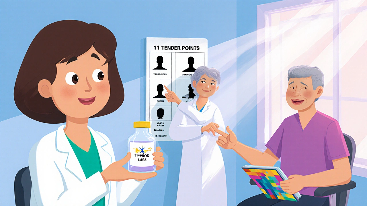 Doctor's office scene with endocrinologist, rheumatologist, lab vial and patient holding a diary.