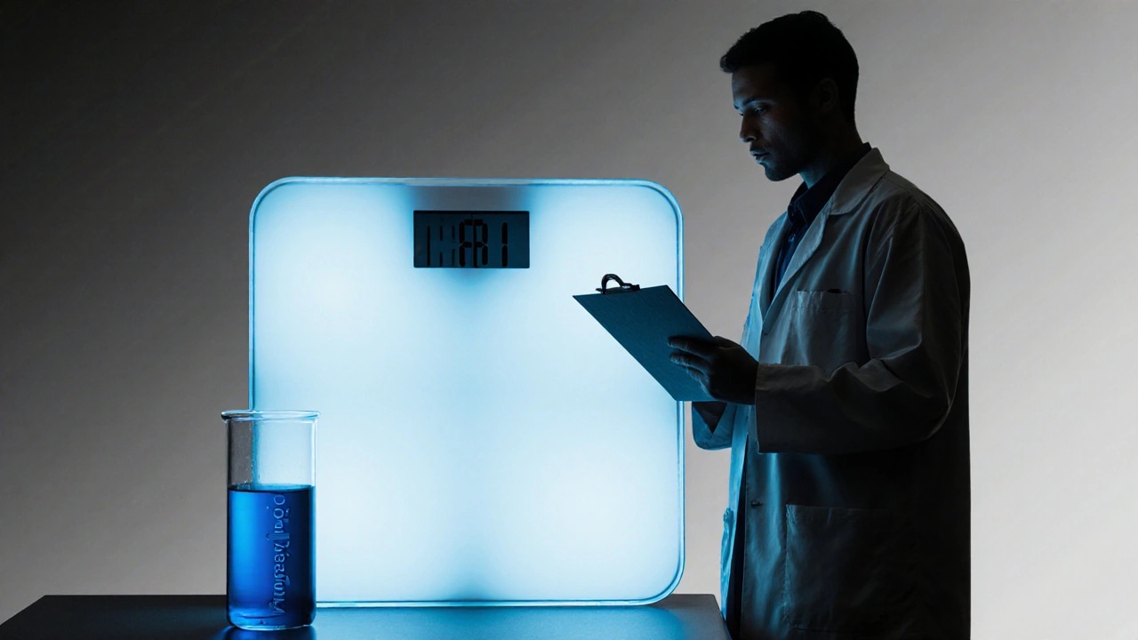 Doctor and patient at scale with blue‑highlighted uric‑acid test tube.