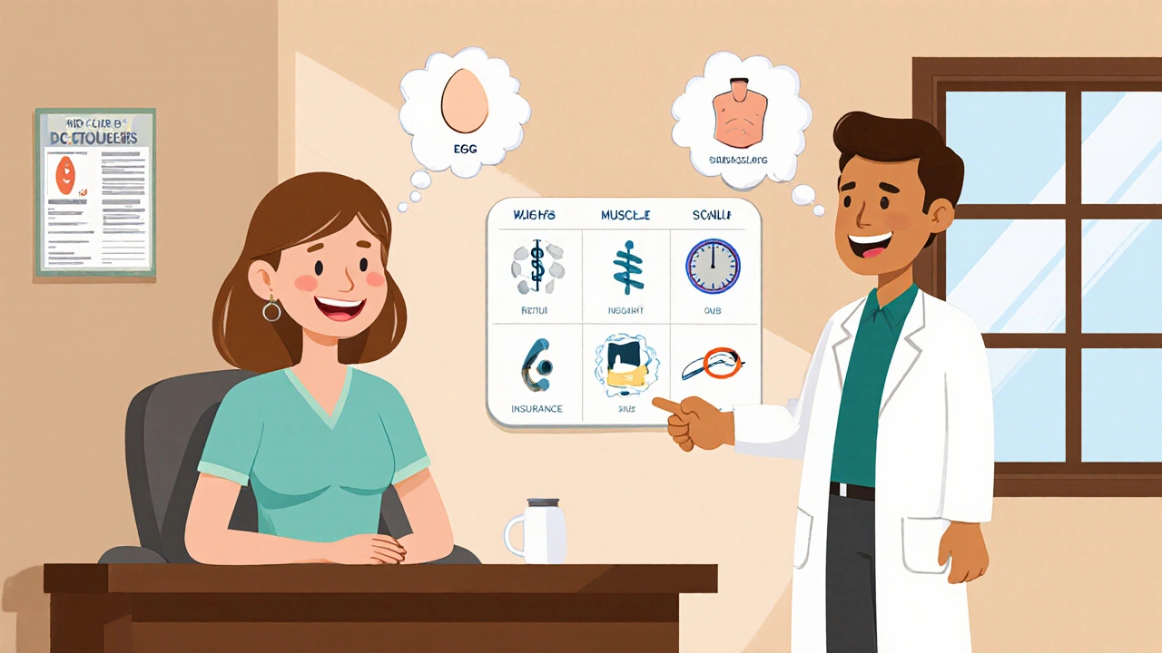 Doctor and patient discussing HCG options with thought bubbles showing uses.