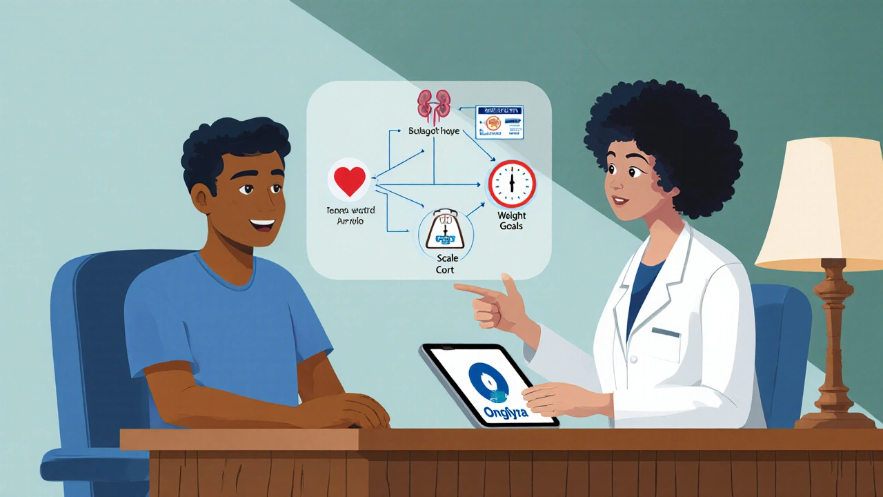 Doctor and patient discussing medication options with a floating decision‑tree diagram of health factors.