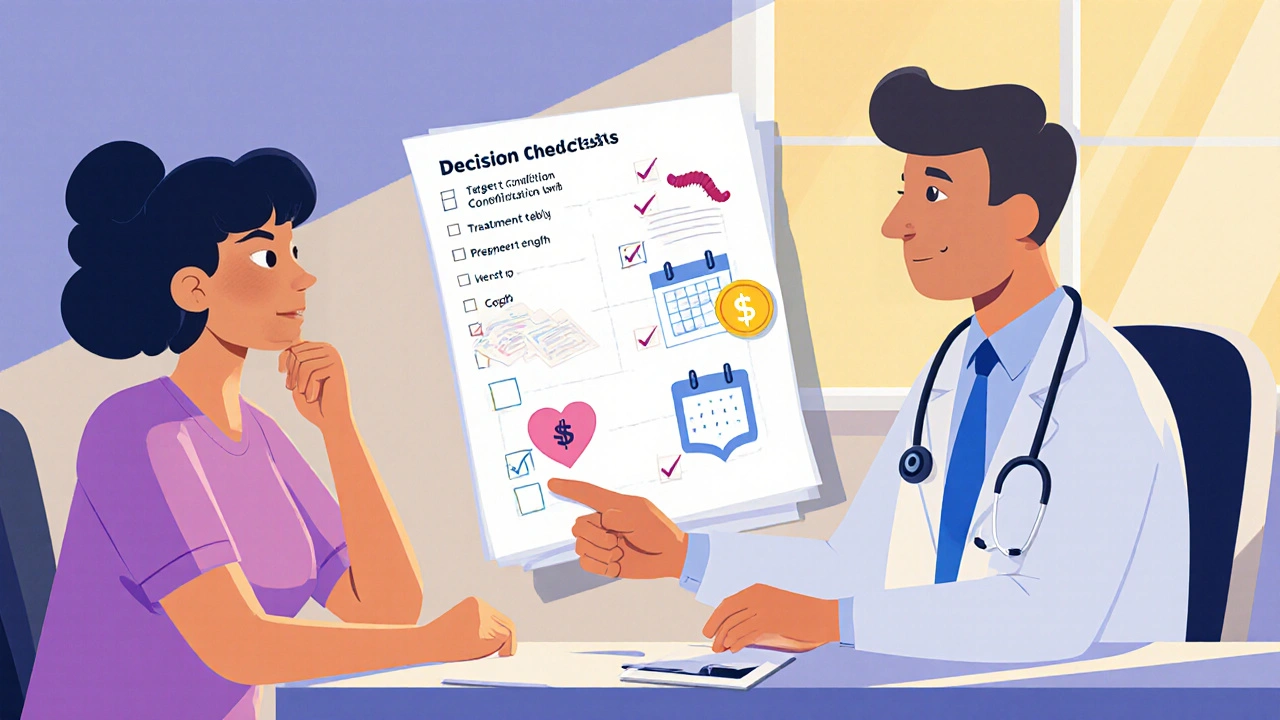 Doctor and patient reviewing a visual checklist of drug decision factors.