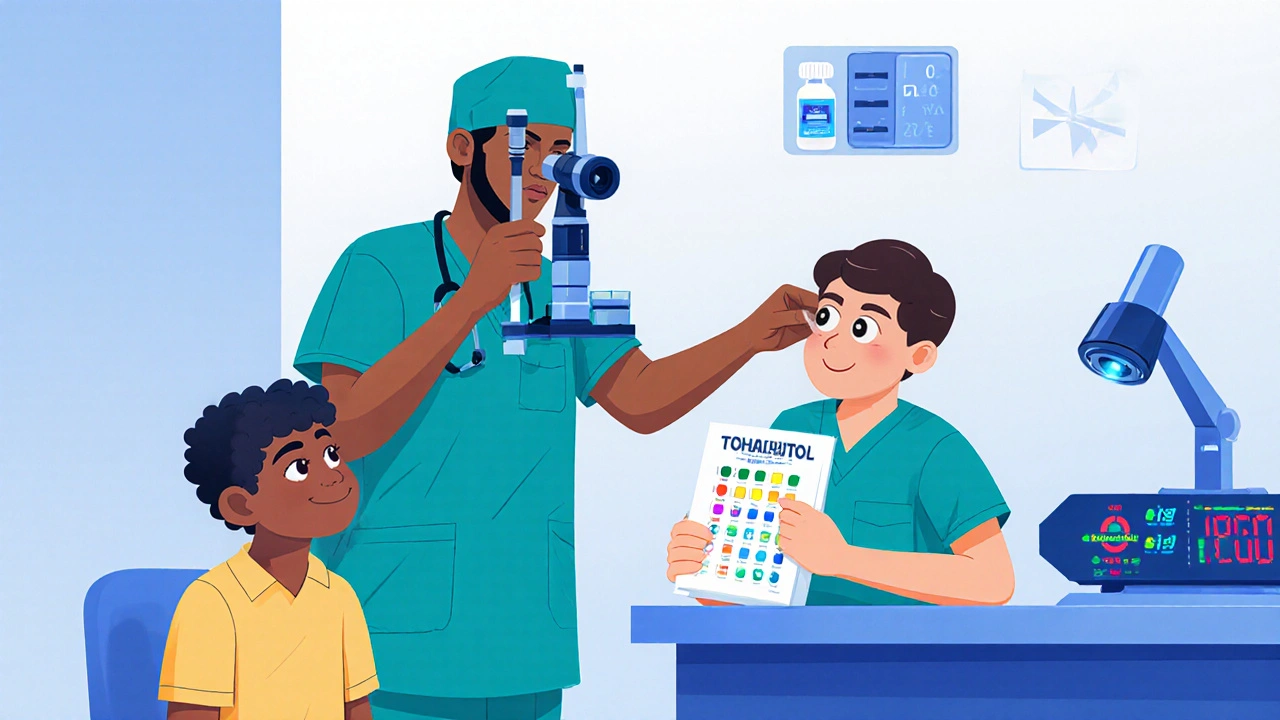 Doctor checks eyes of adult and child patients while showing combo pills and TDM device.