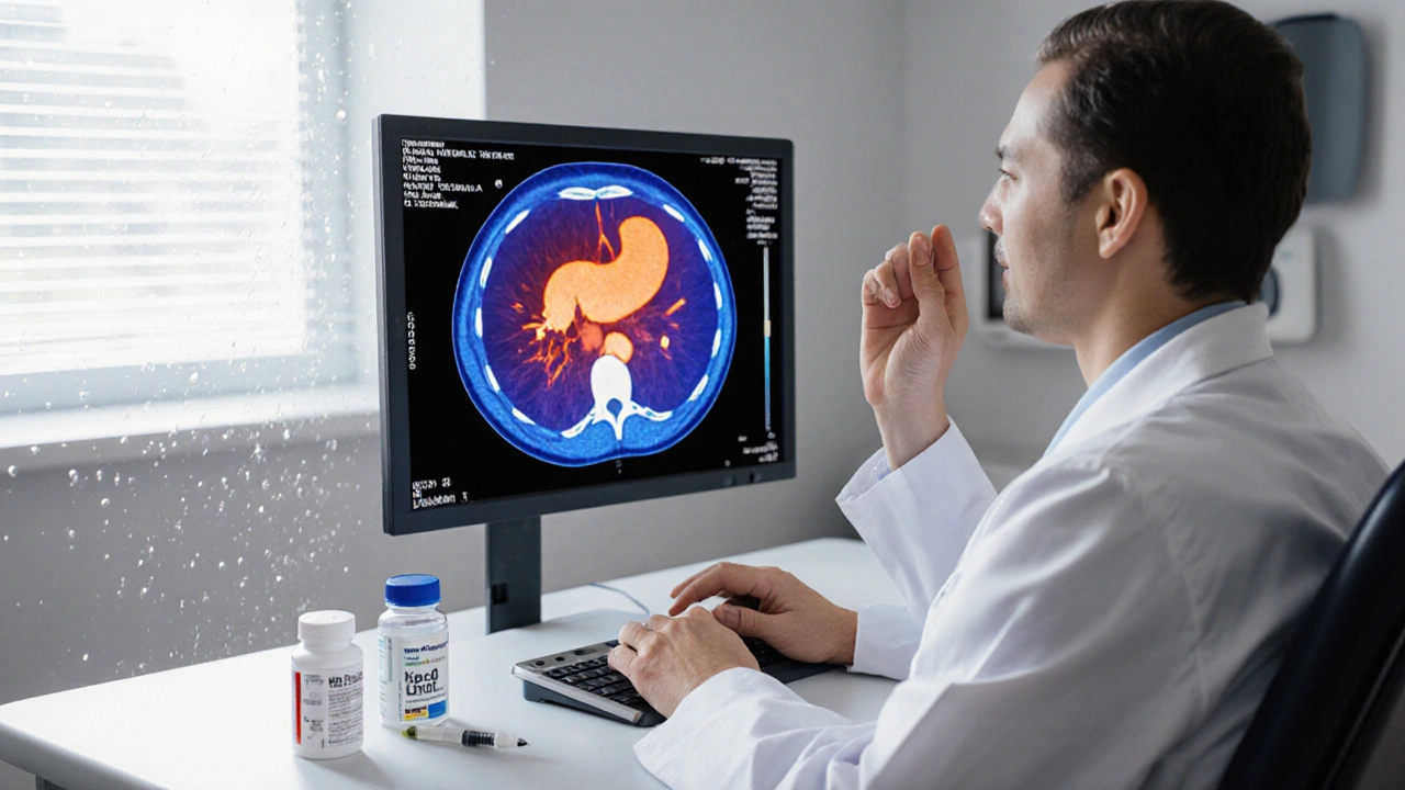 Doctor reviewing PET scan of a gastrinoma while patient holds PPI pills and octreotide.