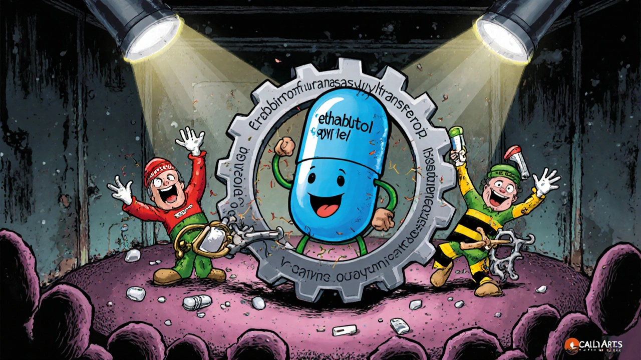 Ethambutol capsule stops a bacterial cell wall assembly line with support from other drugs.