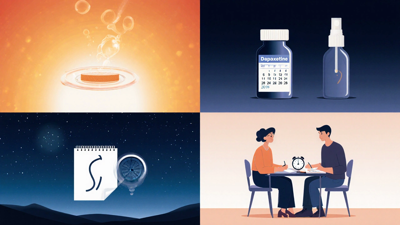 Four‑section illustration showing dapoxetine, daily pills, topical spray, and behavioral therapy paths.