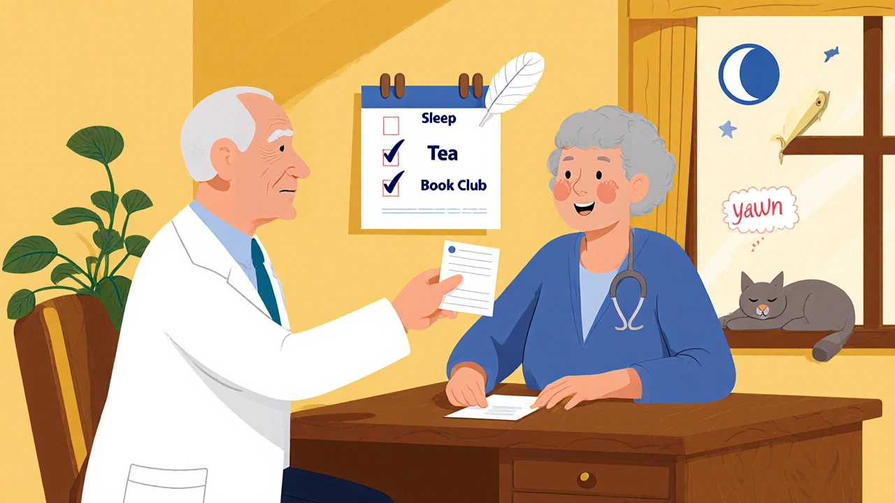 Geriatric psychiatrist giving prescription to smiling elderly woman, calendar shows improved habits.