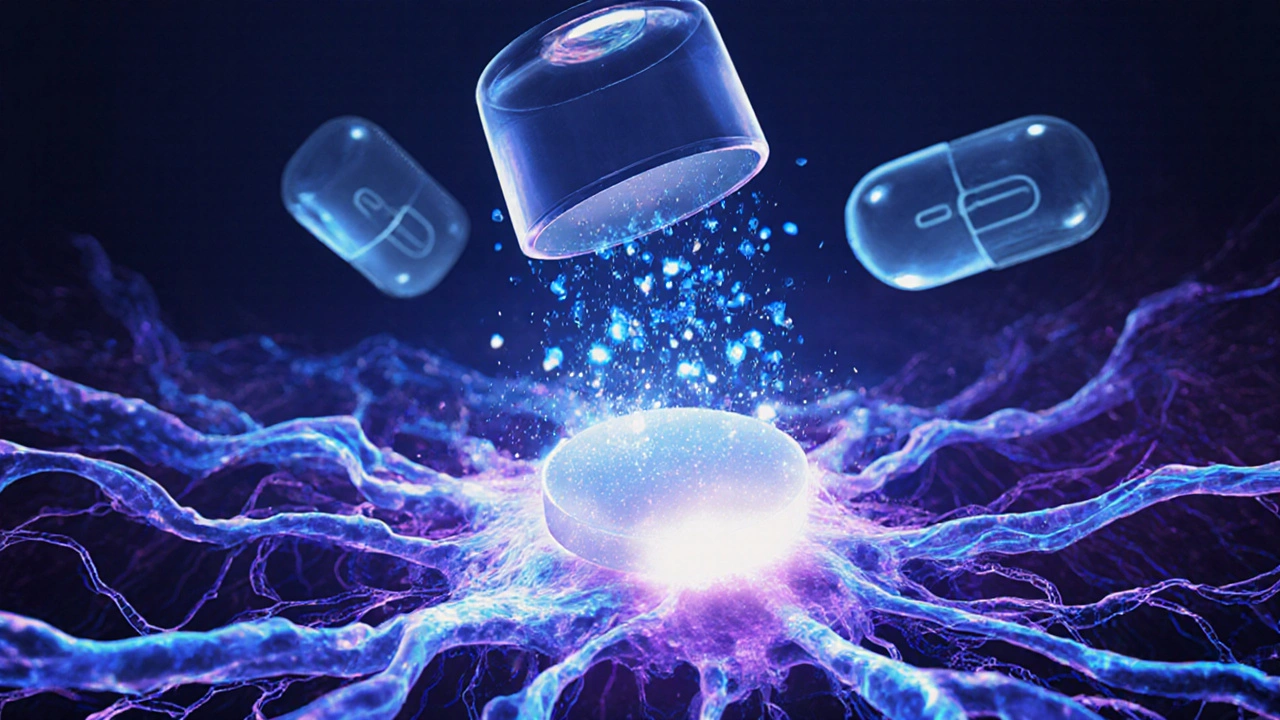 Illustrated brain with glowing serotonin pathways and a dissolving dapoxetine tablet.