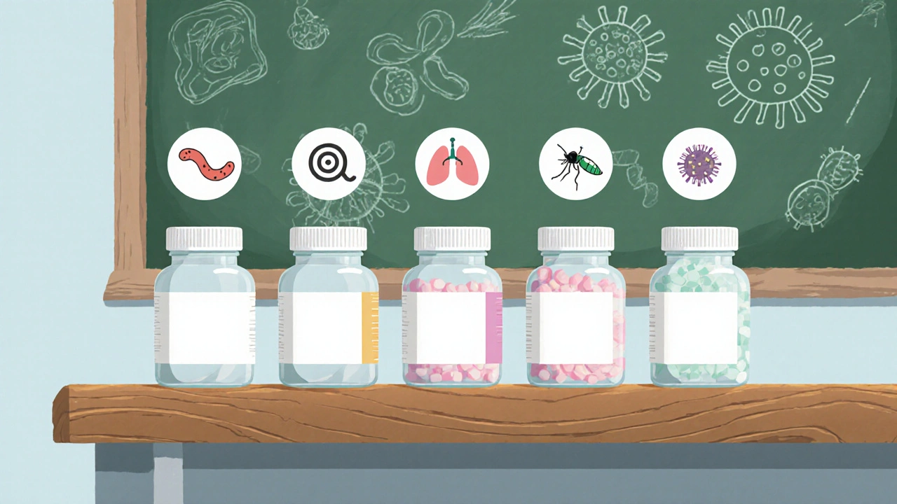Laboratory counter with five pill bottles and icons representing different drugs.