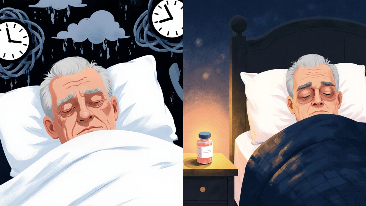 Older man alternating between sleepless anxiety and peaceful rest, symbolic imagery floating around him.