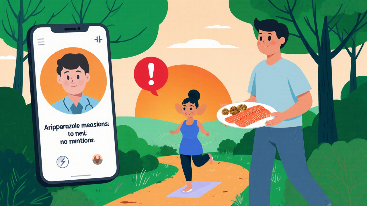 Outdoor scene of walking, yoga, healthy food, and a doctor's reminder of red‑flag symptoms.