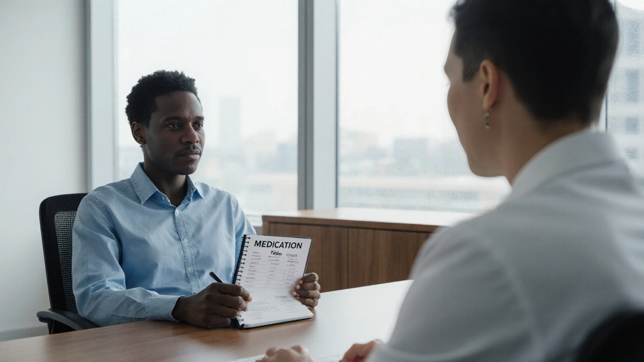 Patient and doctor discussing medication options in a bright clinic office.