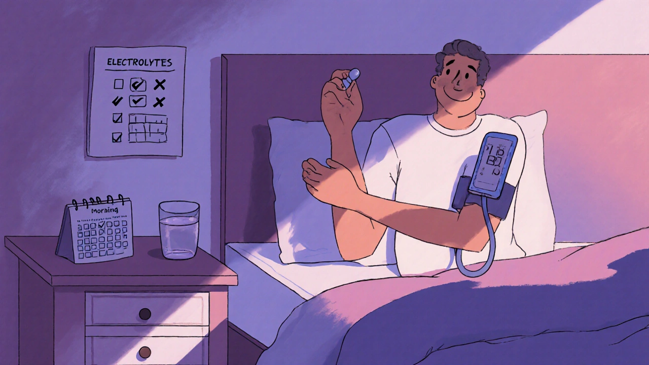 Patient checking blood pressure in the morning with pill and electrolyte notes.