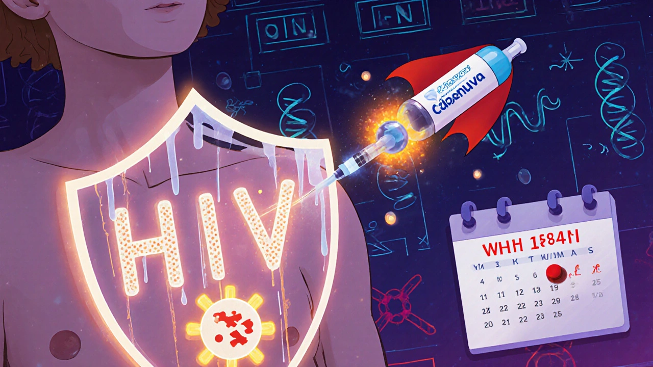 Patient receiving long-acting HIV injection as mutated virus creeps toward shield, with VH-184 hero approaching.