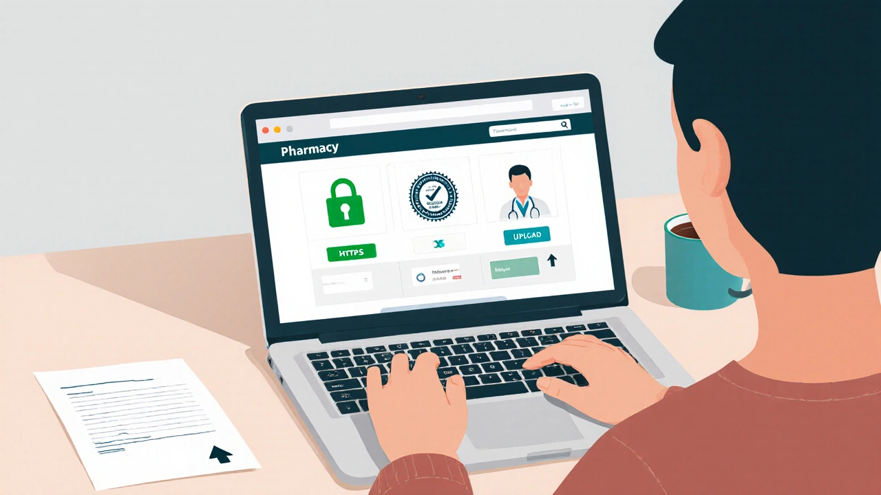Person at desk viewing a pharmacy website with safety icons and a prescription on the table.