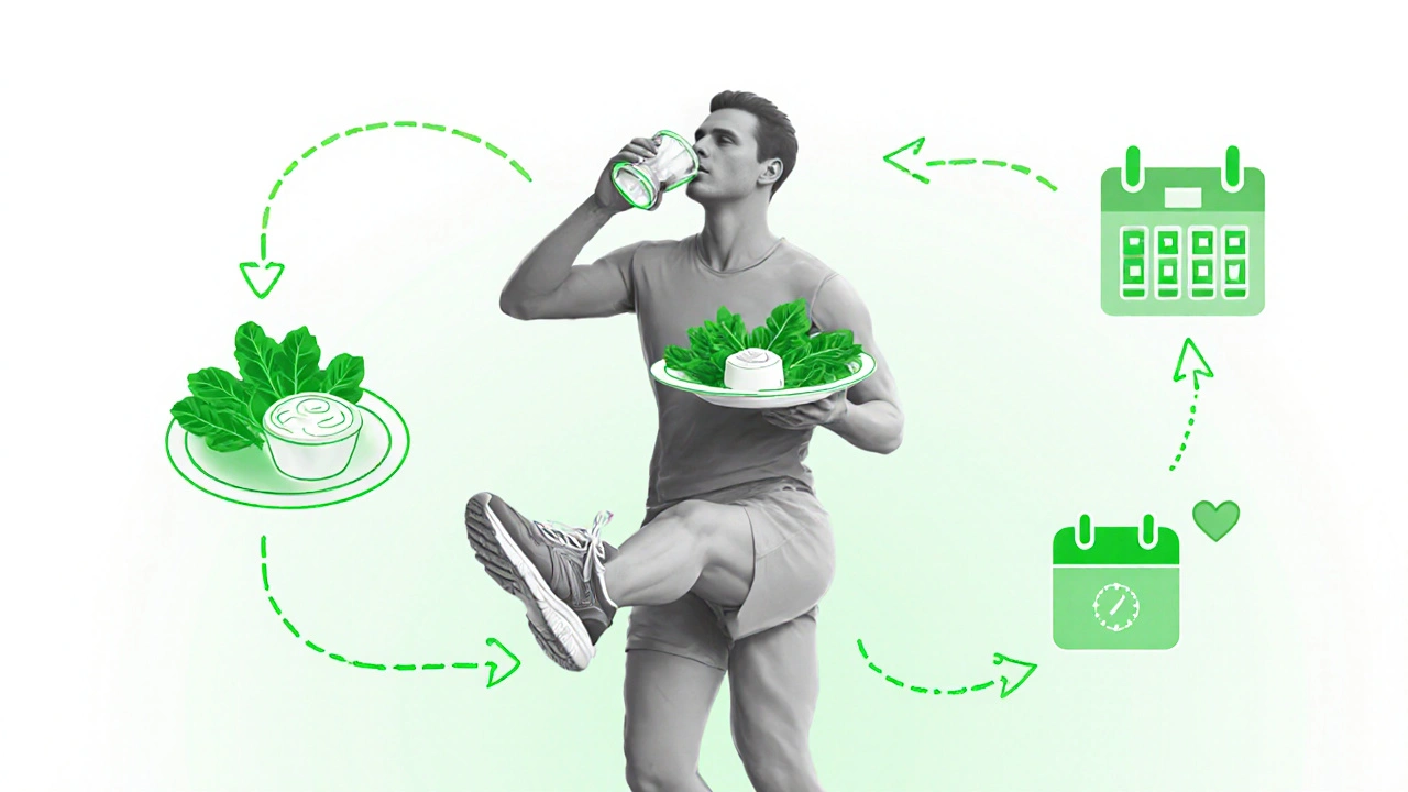 Person drinking water, eating low‑purine foods, and exercising with green accents.