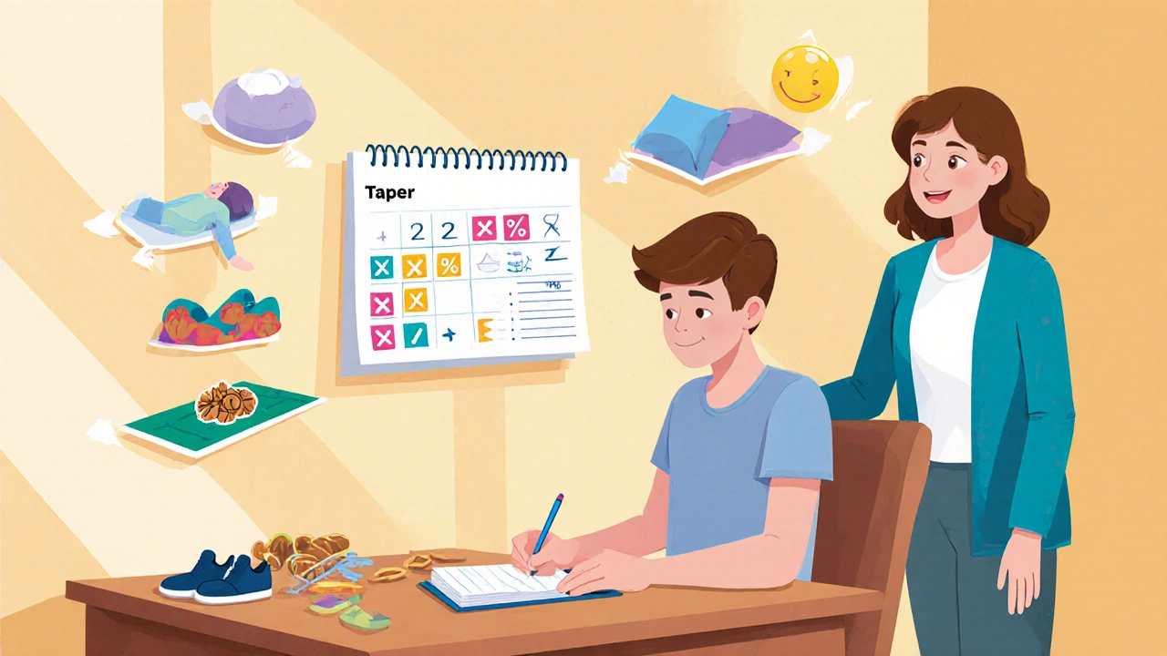 Person writing in a symptom log beside a calendar with taper steps and supportive icons.