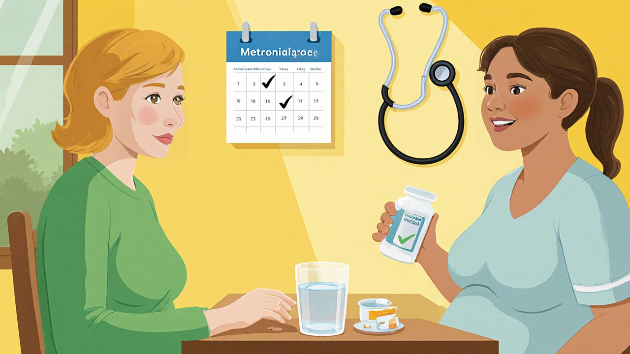 Pregnant woman taking medication at a kitchen table with supportive partner and calendar reminder.