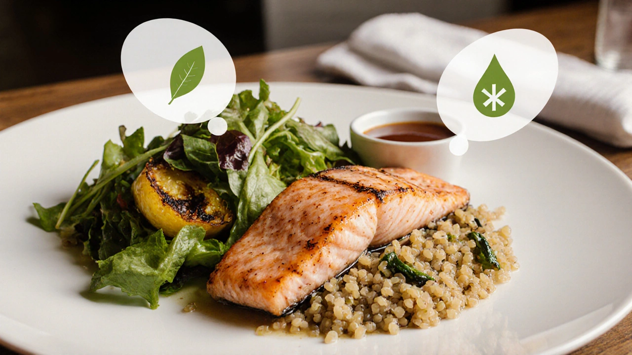 Reflux‑friendly plated meal with grilled salmon, quinoa, veggies, and sauce on the side.