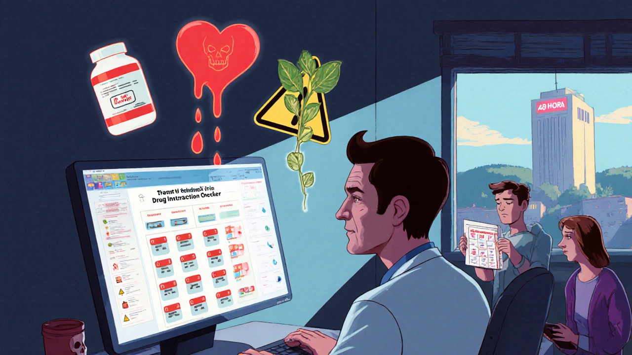 Rural doctor struggling with drug interaction warnings on a flickering screen, surrounded by dangerous icons.
