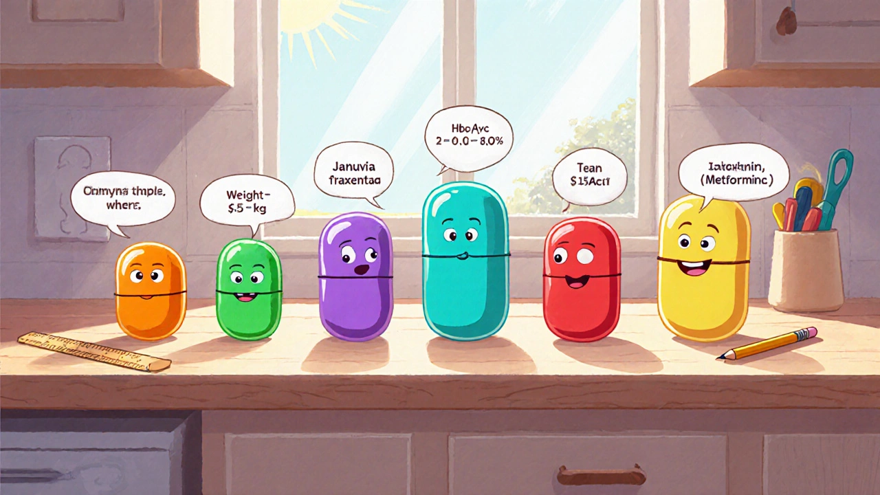 Six colorful cartoon pill icons lined up with speech bubbles showing their diabetes drug attributes.