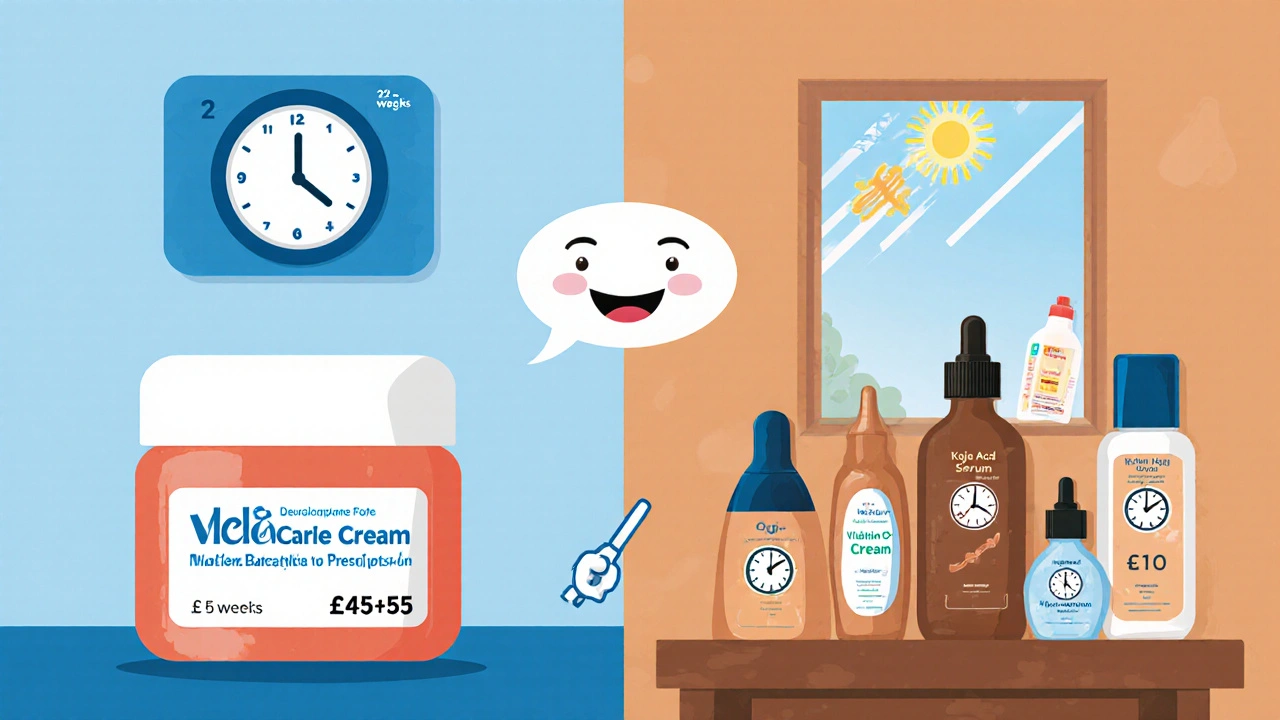 Split scene comparing prescription Melacare with OTC brightening products, clocks and price tags.