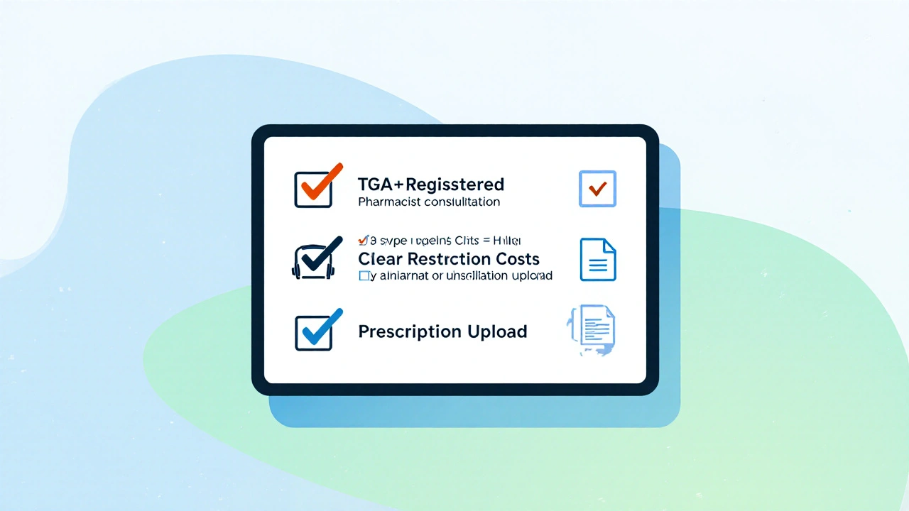 Tablet screen displaying a checked checklist for TGA registration and pharmacy verification.