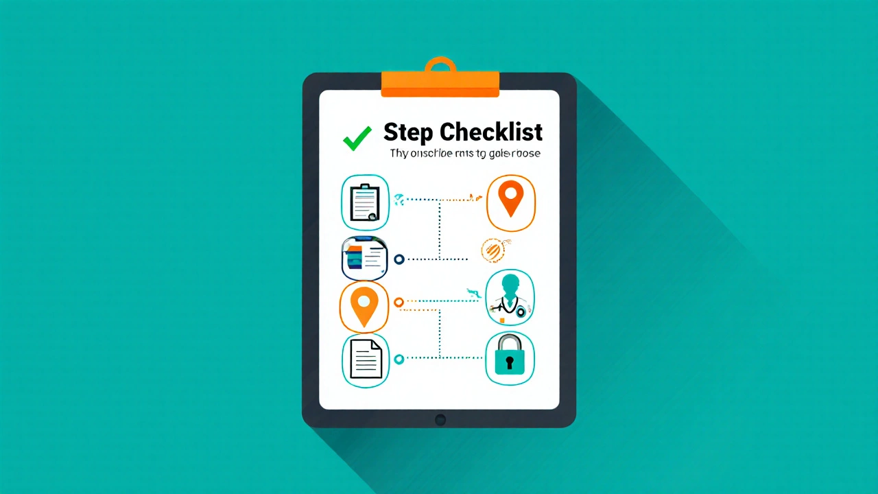 Tablet screen shows icons for TGA registration, address, pharmacist, prescription, and secure checkout.