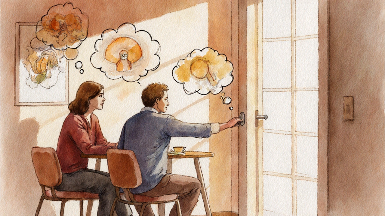 Therapist and patient in a calming office, patient practicing exposure while intrusive thoughts fade.
