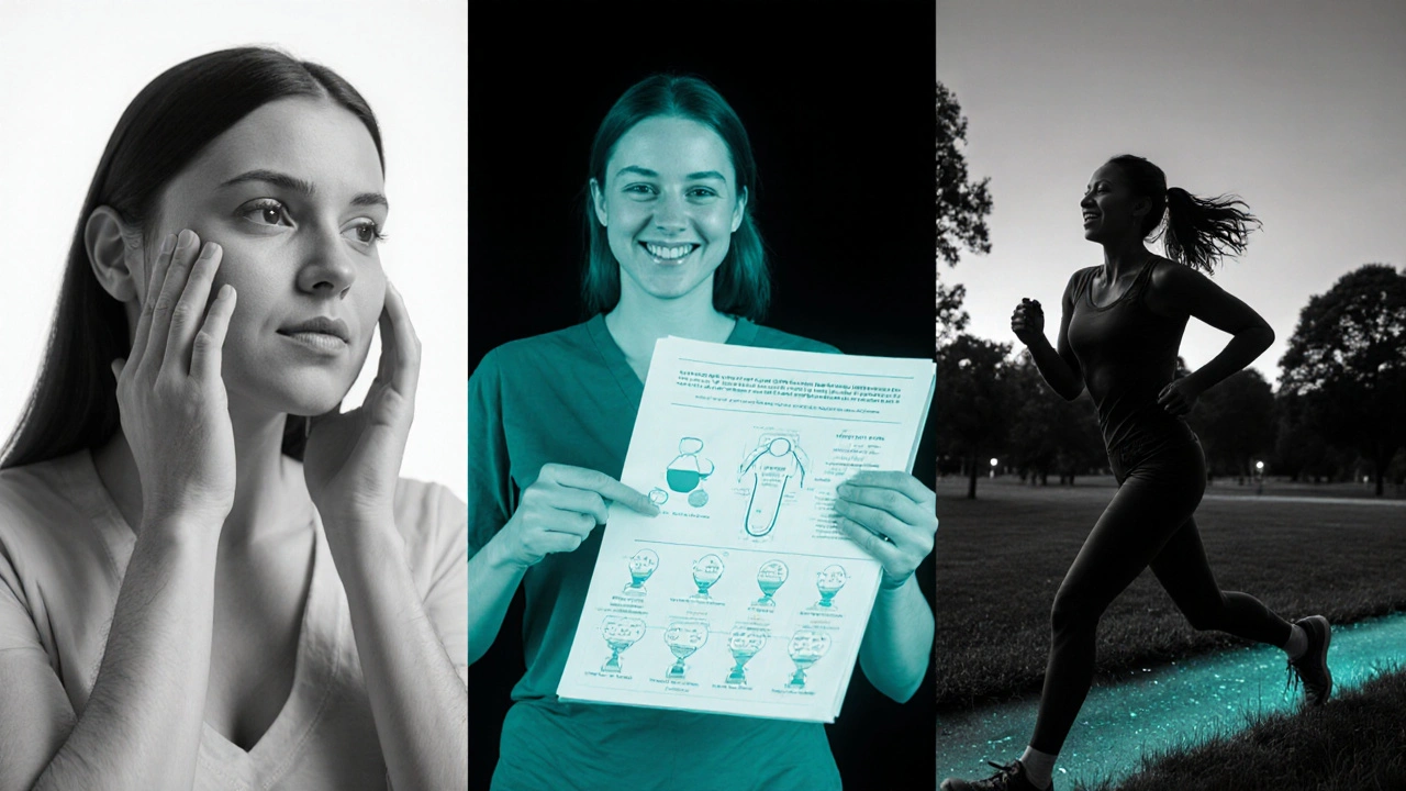 Three‑panel timeline: softer hair after 3 months, doctor visit, and woman jogging, with teal accents.