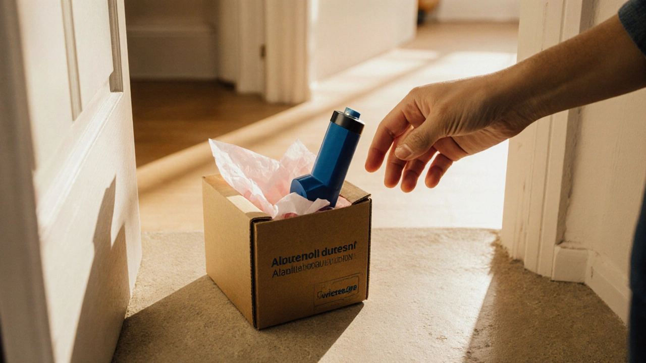 Unbranded box on doorstep with a generic albuterol inhaler being taken out in sunlight.