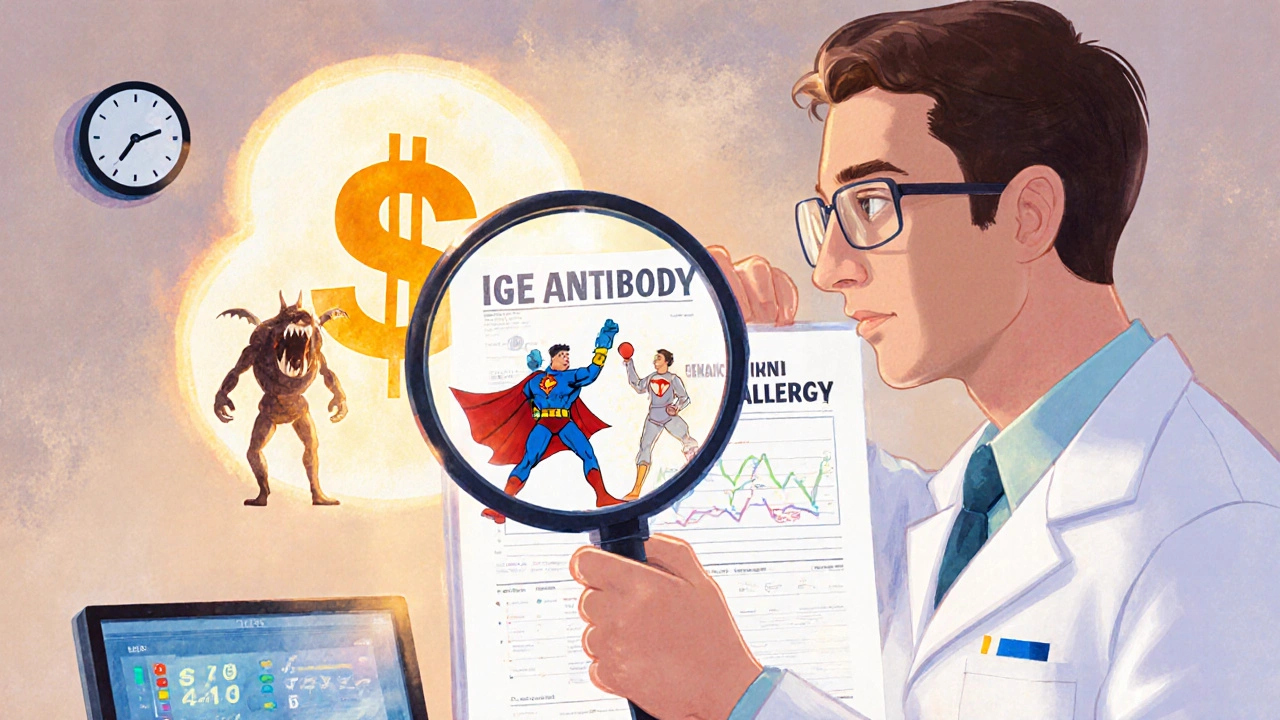A doctor uses a magnifying glass to reveal an IgE superhero defeating a penicillin allergy villain, with shrinking costs and infection monsters.
