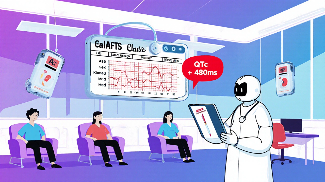 A futuristic clinic with a robot doctor checking a risk score chart for QT prolongation.