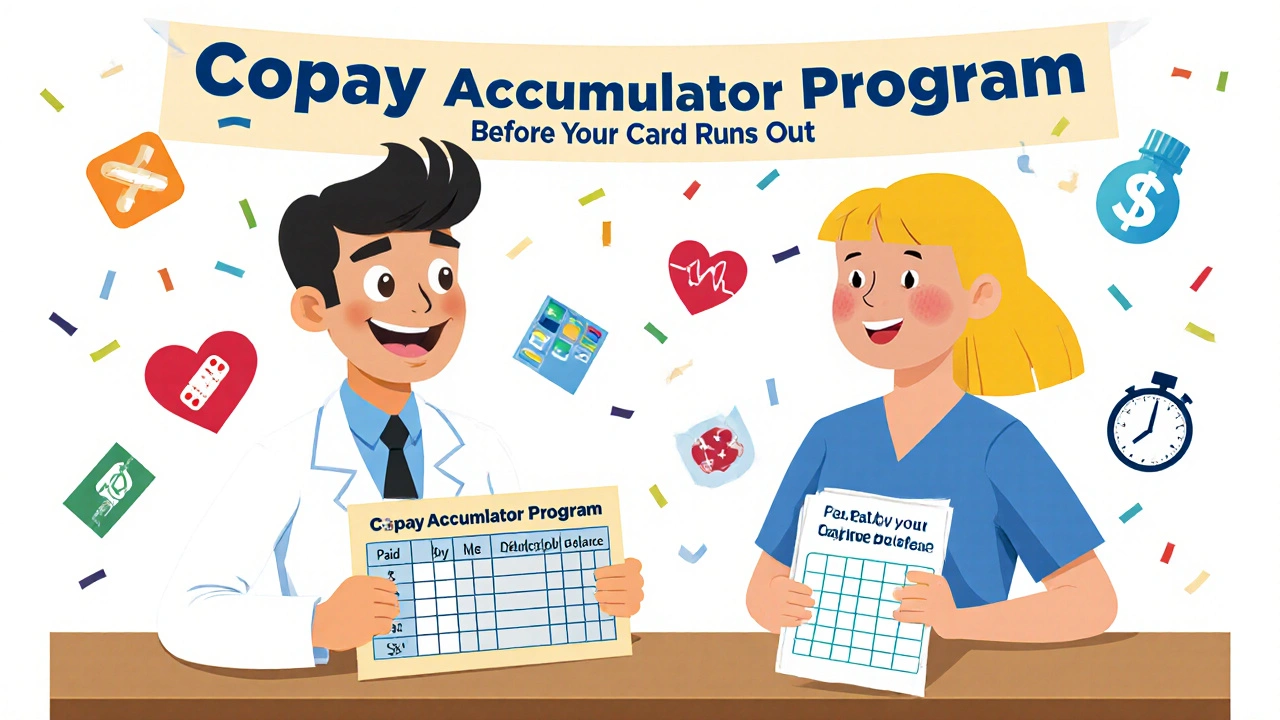 A patient and pharmacist discussing copay accumulator programs with a spreadsheet and floating medical icons.