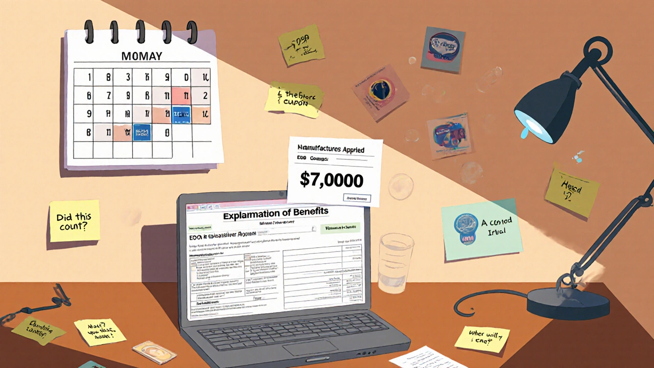 A person reviewing an insurance statement showing a manufacturer coupon applied while their deductible remains unchanged.